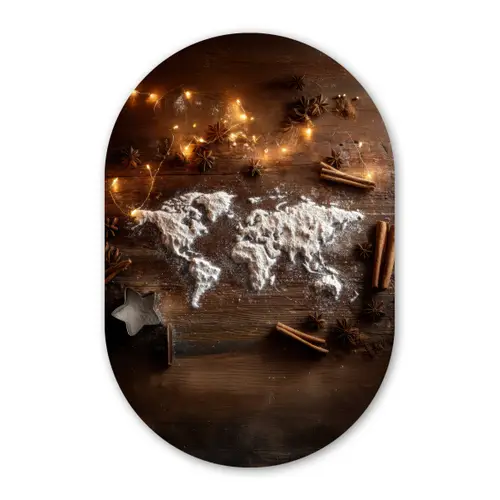 Wereldkaart - Poedersuiker - Hout Wandcirkel Ovaal Glas middel -3d