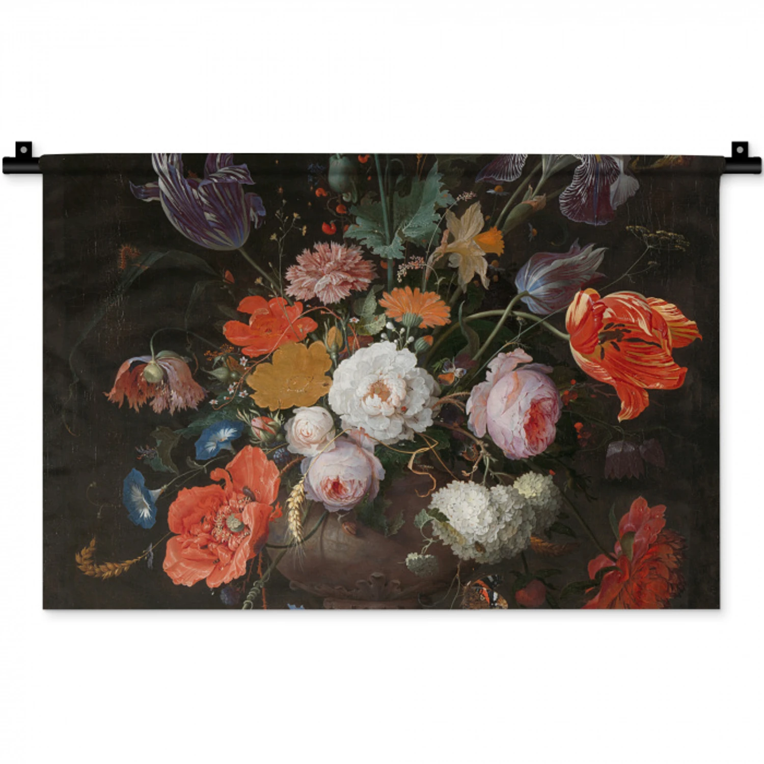 Stilleven met bloemen en een horloge - Schilderij van Abraham Mignon Wandkleed katoen klein -zz3d