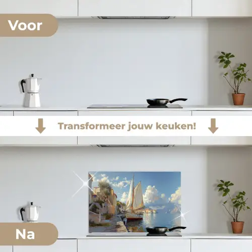 Zeilschip - Huizen - Kade - Zee keuken achterwand spatscherm klein -voor_na_NL