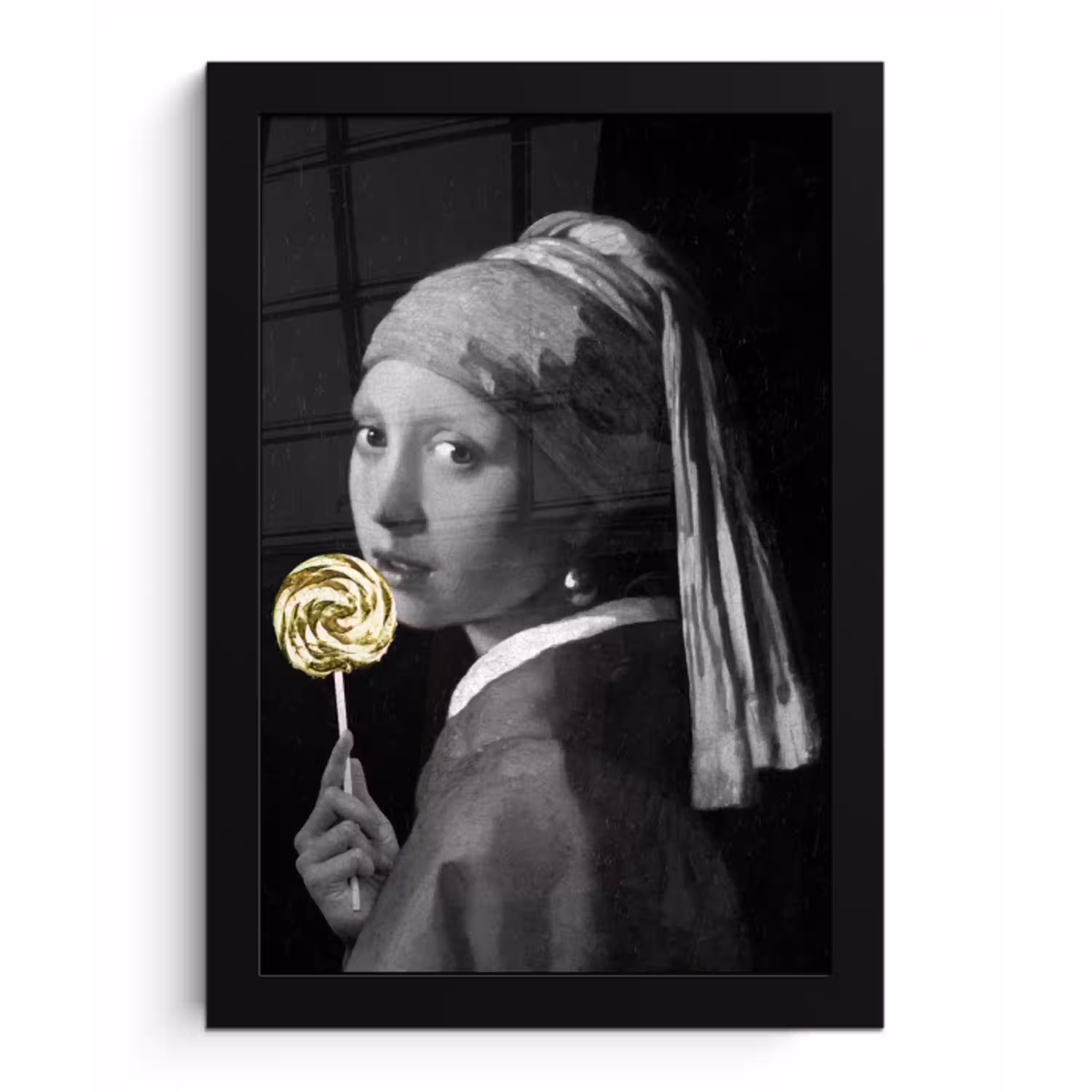 Meisje met de parel - Johannes Vermeer - Lolly - Goud fotolijst zwart zonder passe partout klein -3d
