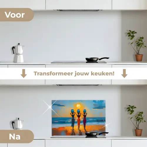 Vrouwen - Strand - Zondsondergang keuken achterwand spatscherm klein -voor_na_NL