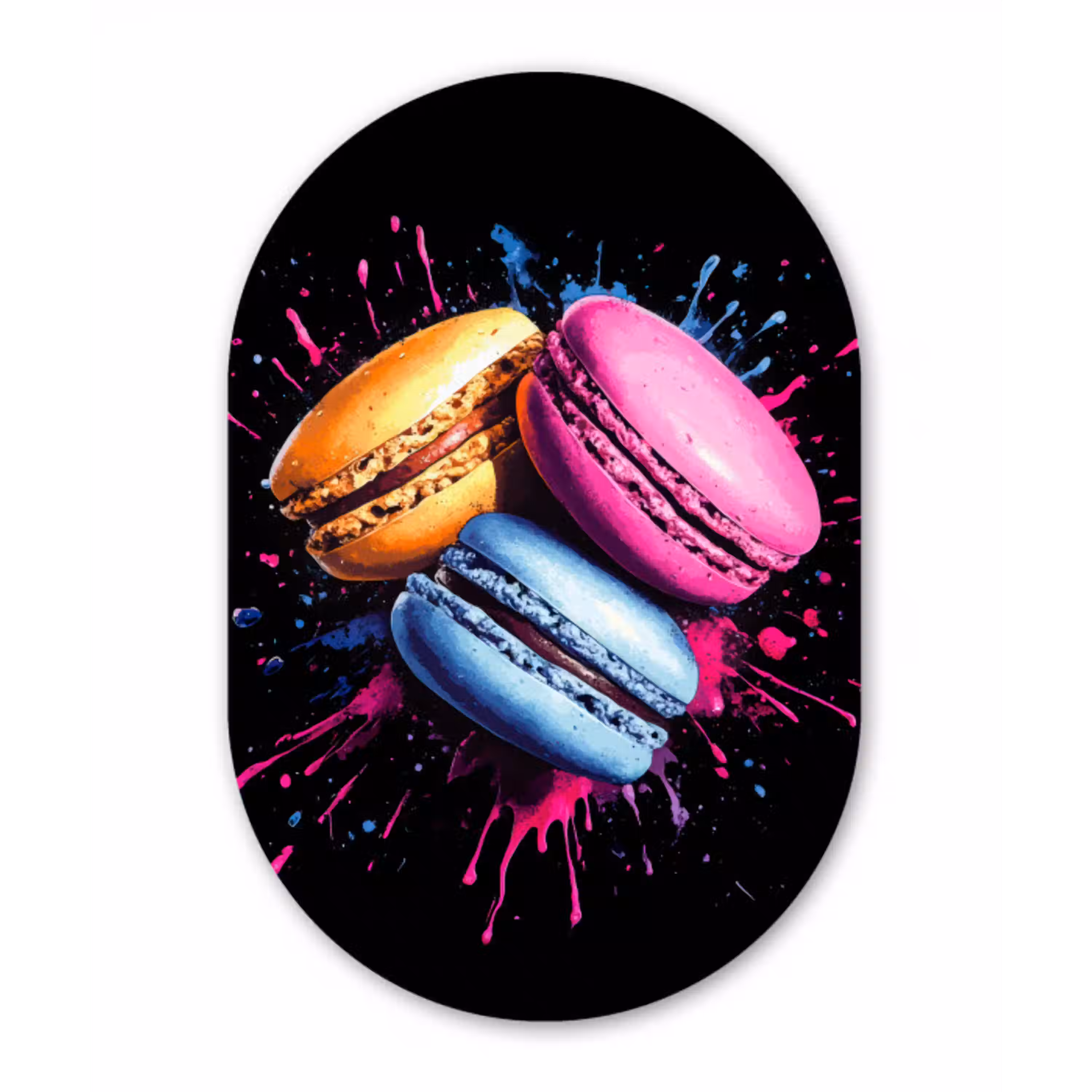 Macarons - Dessert - Graffiti - Kleurrijk - Roze - Blauw - Geel Wandcirkel Ovaal Glas middel -3d