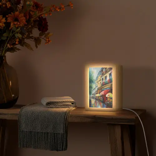 Straat - Olieverf - Kleurrijk - Stad Light Box met kabel (Tafellamp) klein -sfeer4