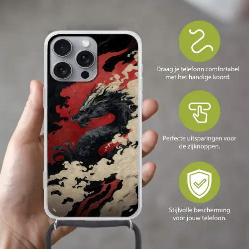 Zwarte draak - Rookwolken - Rood Hoesje iPhone 16 Pro Max met koord klein -sfeer2_NL