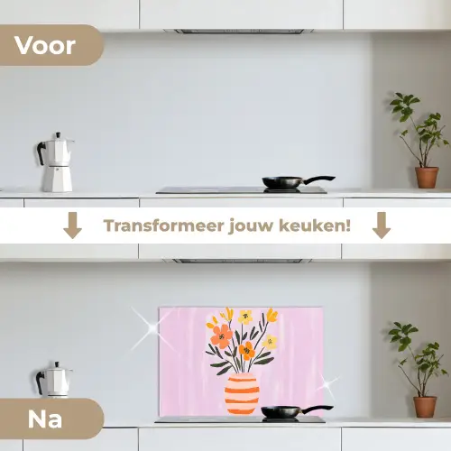 Vaas - Gestreept - Bloemen - Oranje keuken achterwand spatscherm klein -voor_na_NL