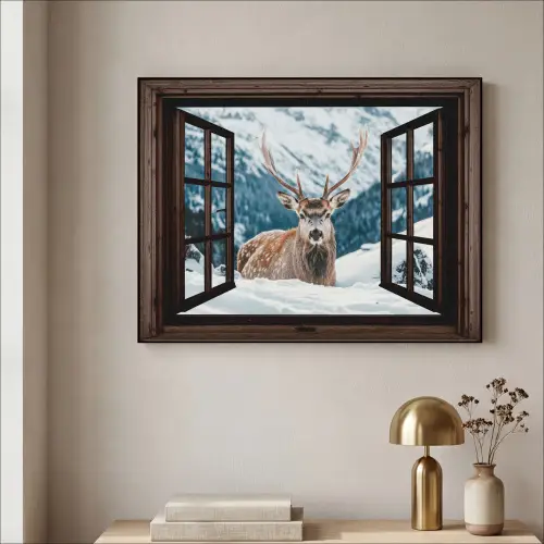 Hert - Landschap - Winter - Natuur - Dieren - Doorkijk - Bergen Textielframe zwart klein -sfeer2