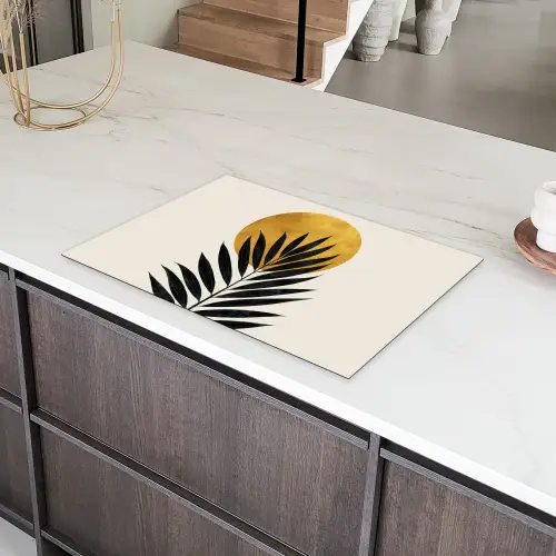 Zwart palmblad - Gouden cirkel - Beige achtergrond Inductie beschermer vinyl 3mm klein -sfeer8