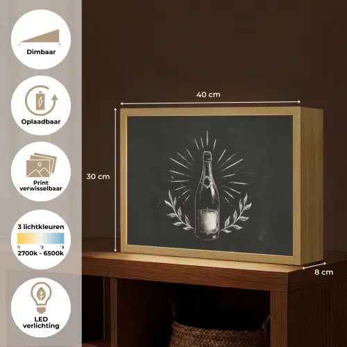 Champagnefles - Lauriertakken - Zwarte achtergrond Light Box met batterij (Wandlamp) middel -USP_websiteoverzichtNL