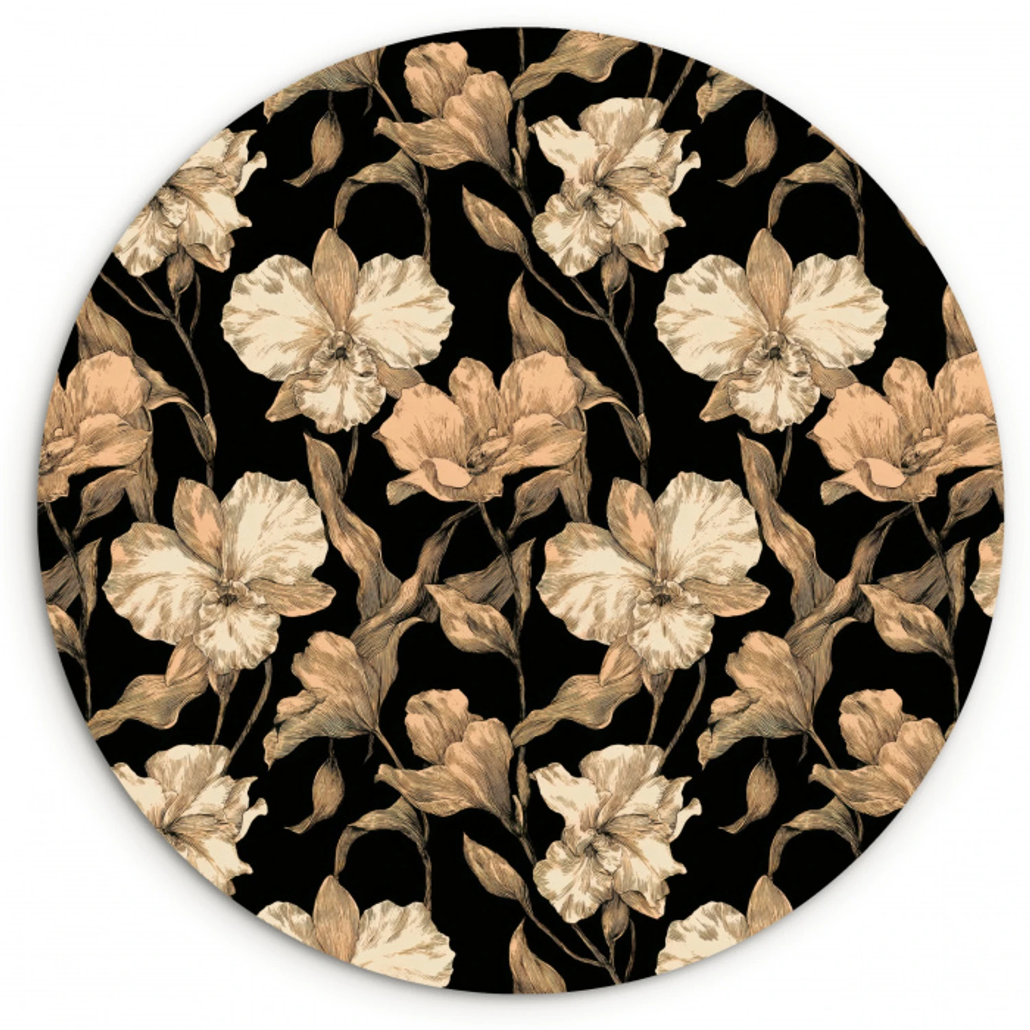 Orchideeën - Lijntekening - Patroon - Beige - Zwart Wandcirkel kunststof plaat 5mm dik klein 188 -3d