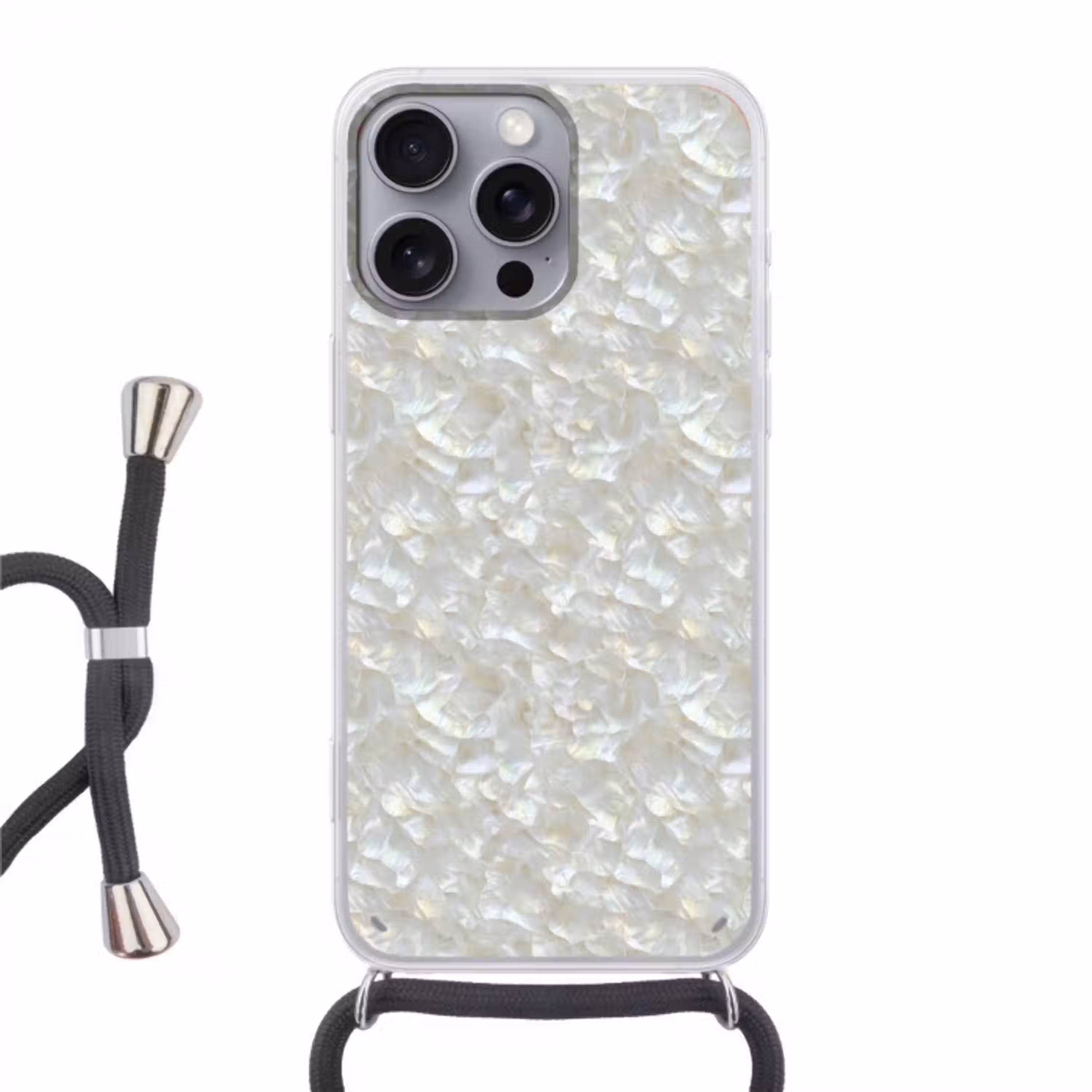Parelmoerglans - Wit - Schelp Hoesje iPhone 16 Pro Max met koord klein 804 -3d