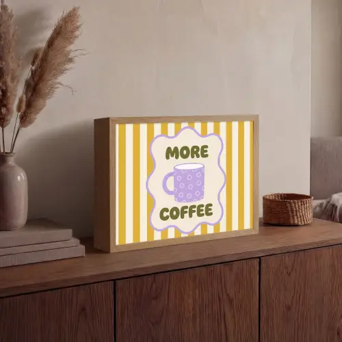 More coffee - Geel - Paars - Strepen - Mok Light Box met batterij (Wandlamp) middel -sfeer2
