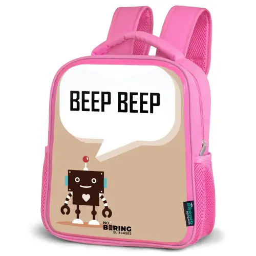 Donkerbruine robot met een tekst Kinderrugzak - Roze middel -schuin