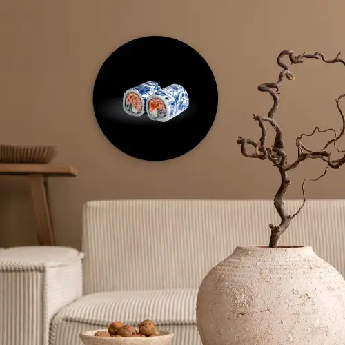 Sushi - Delfts blauw - Rijst - Vis - Elegant Wandcirkel plexiglas klein -sfeer1