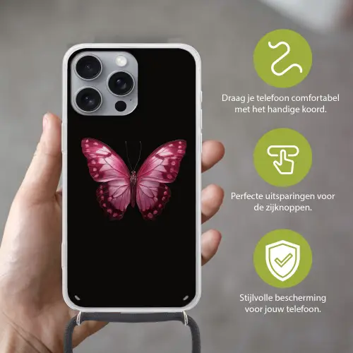 Vlinder - Fuchsia - Grafisch Hoesje iPhone 16 Pro Max met koord klein -sfeer2_NL