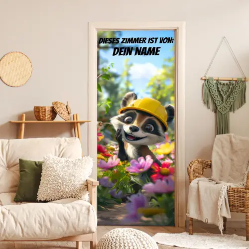 Süßes Tier mit Bauhelm im Blumenfeld. deurposter klein -sfeer2