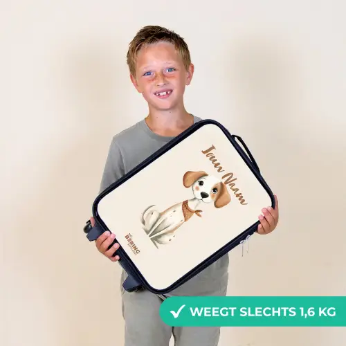 Bruin gevlekte pup op een beige achtergrond Kinderkoffer - Zwart klein -sfeer4_NL