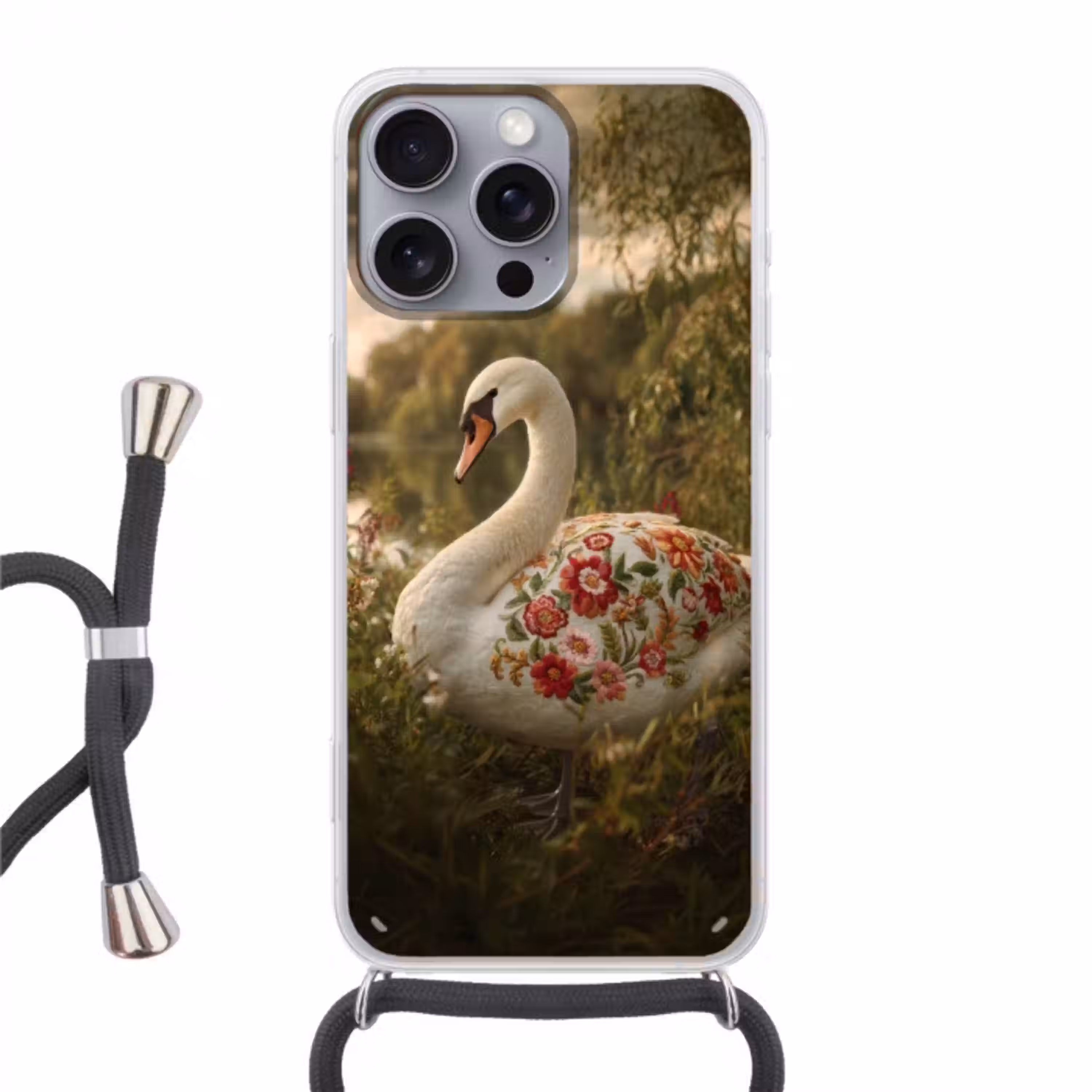 Zwaan - Bloemen - Natuur Hoesje iPhone 16 Pro Max met koord klein -3d