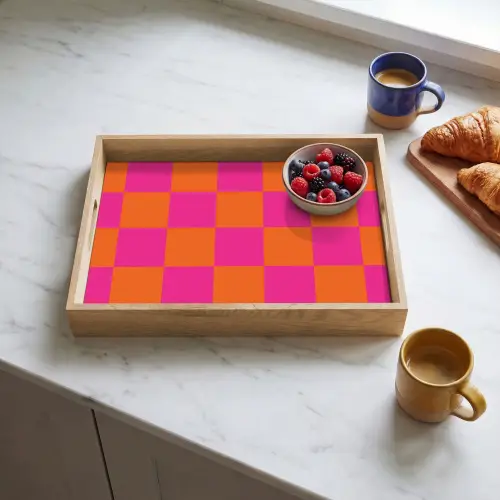 Schaakbord print - Oranje - Roze - Blokjes Dienblad Rechthoek middel -sfeer2
