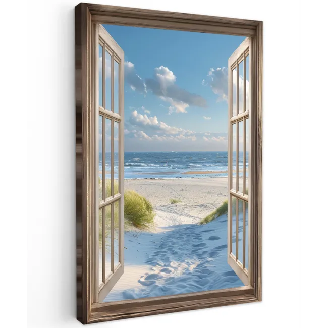 Doorkijk - Strand - Raam - Duinen - Zee Tuinposter op houten frame 2 cm dik klein -3d