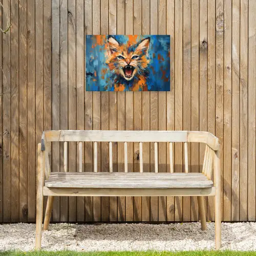 Kat - Kleurrijk - Oranje - Blauw Tuinposter op houten frame 2 cm dik klein -sfeer4
