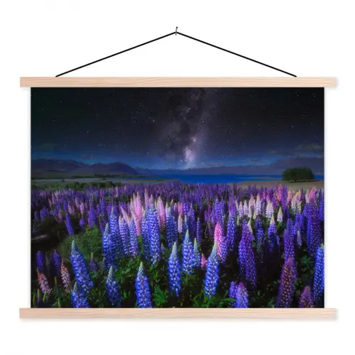 Bloemen - Nacht - Lupine - Sterrenhemel - Paars - Natuur textielposter latten blank klein -3d
