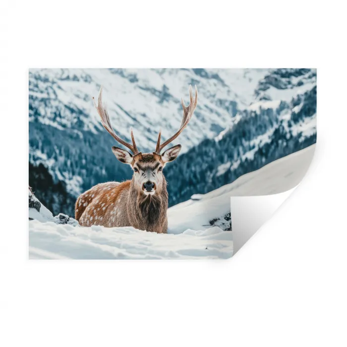 Hert - Landschap - Winter - Natuur - Dieren - Bergen Muursticker klein -3d