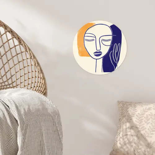 Minimalistisch - Gezicht - Hand - Oranje - Blauw Wandcirkel behangsticker klein -sfeer4