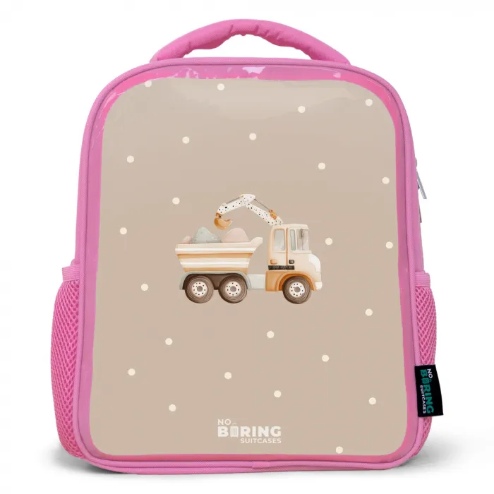Gele kiepwagen met stenen en stippenpatroon Kinderrugzak - Roze middel -3d