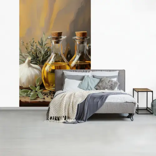 Stilleven - Olijfolie - Knoflook - Kruiden fotobehang vinyl groot -slaapkamer