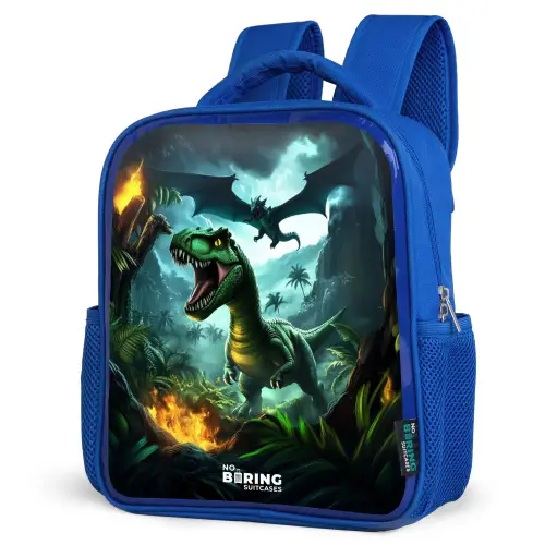 Dinosaurus en draak in vurige junglevallei Kinderrugzak - Blauw middel -schuin