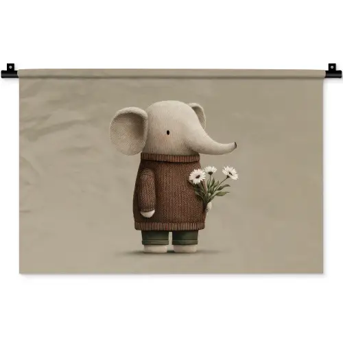 Olifant - Witte bloemen - Kindvriendelijk Wandkleed katoen klein -zz3d