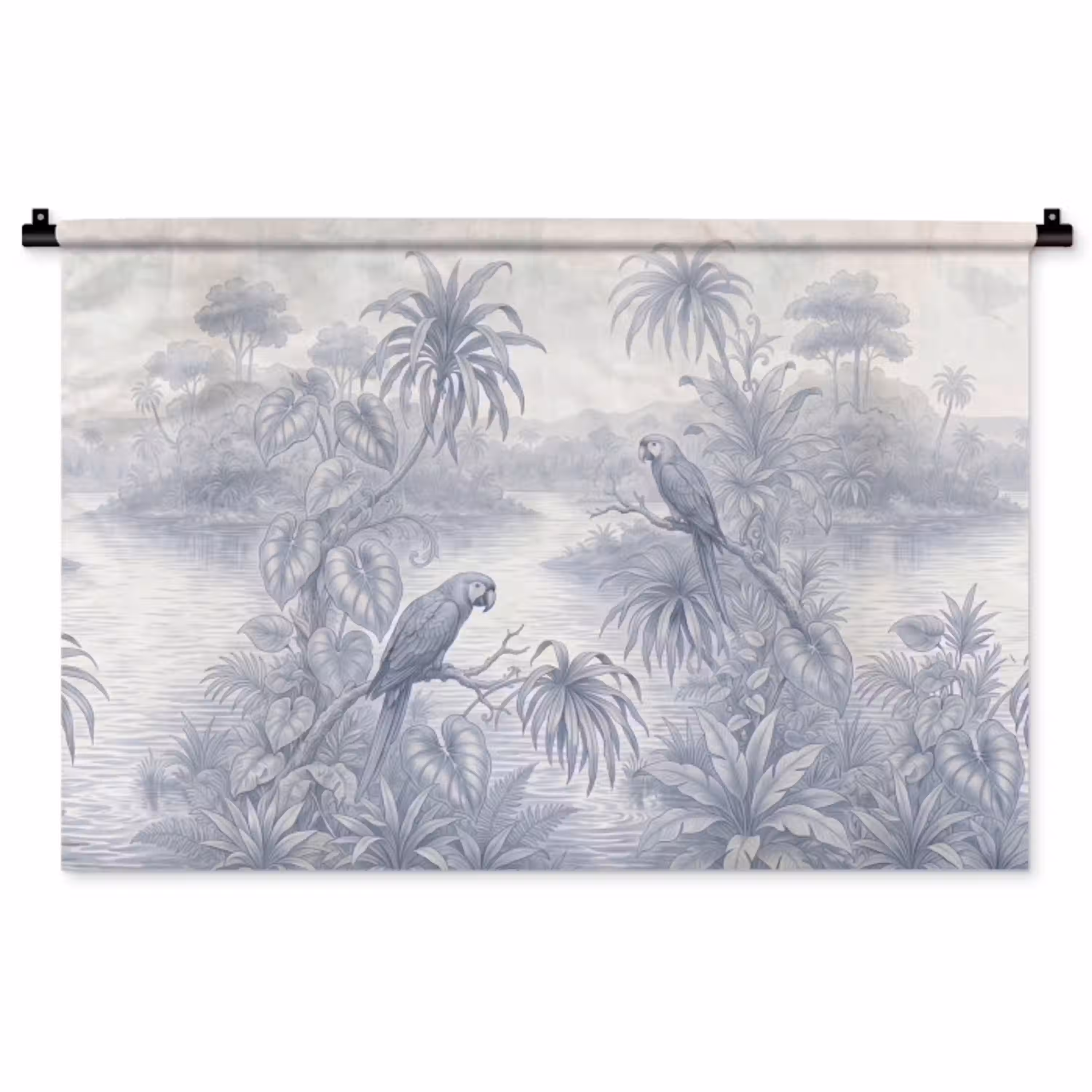 Vogel - Rivier - Tropisch - Illustratie - Blauw Wandkleed katoen middel -zz3d
