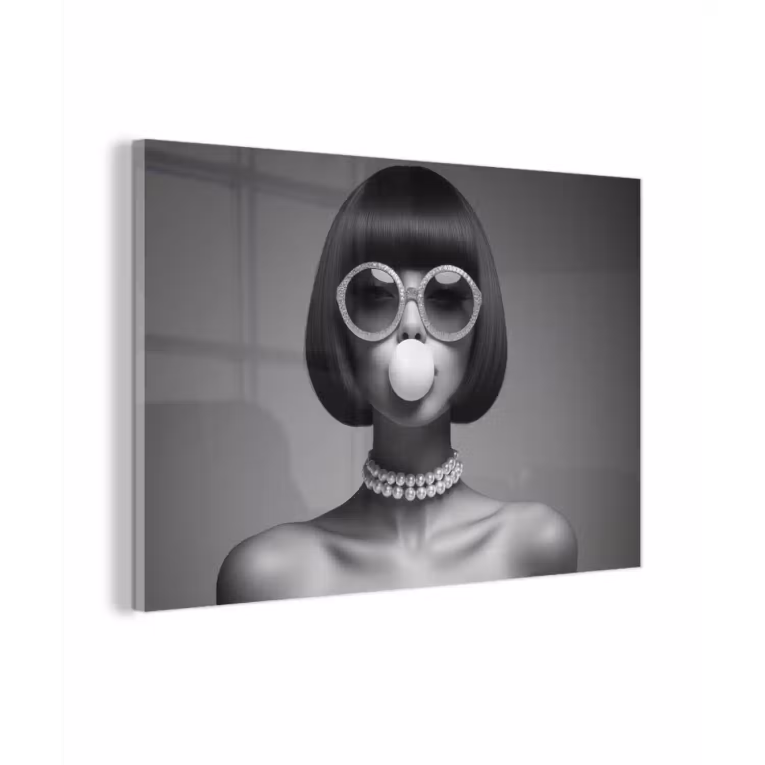 Glas schilderij - Vrouw - Zwart Wit - Ketting - Zonnebril