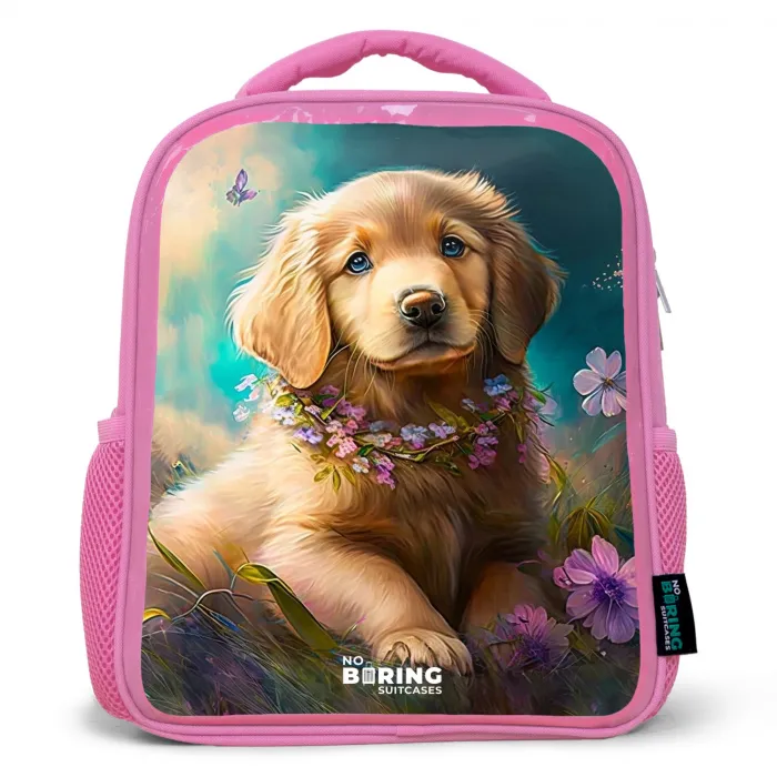 Goudkleurige puppy in het gras Kinderrugzak - Roze middel -3d