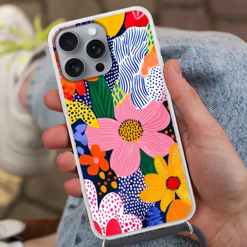 Kleurrijk - Bloemen - Abstract - Stippen Hoesje iPhone 16 Pro Max met koord klein -sfeer3