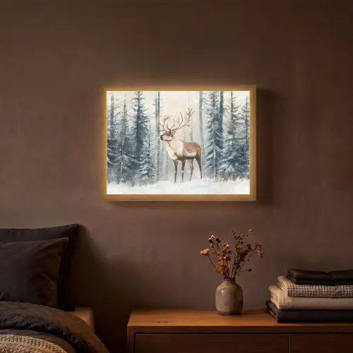 Rendier - Sneeuw - Woud - Wit Light Box met batterij (Wandlamp) middel -sfeer4