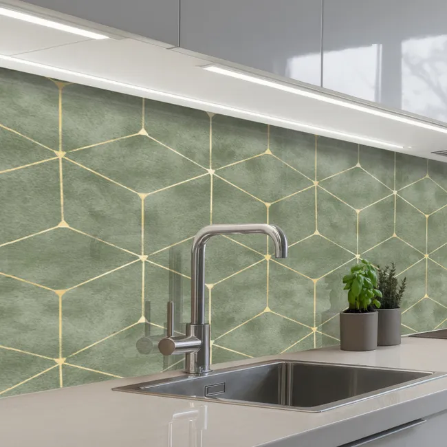 Subtiel - Geometrisch - Goud - Groen keuken achterwand 2 middel 871 -3d_schuin