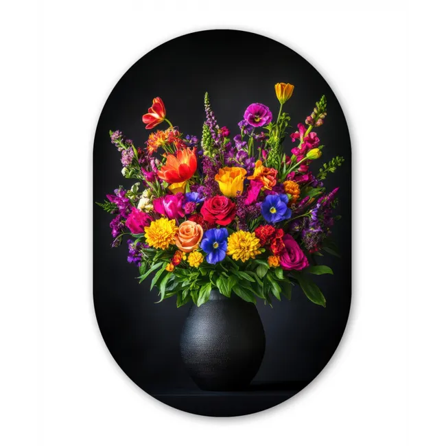 Muurovaal glas - Felgekleurd - Bloemen - Vaas