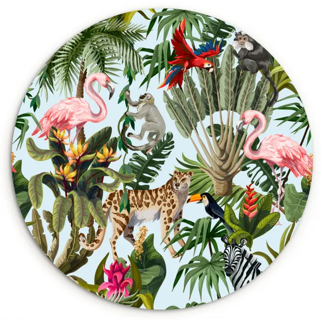 Jungle - Dieren - Meisjes - Kinderen - Jongens - Flamingo - Papegaai Wandcirkel kunststof plaat 5mm dik klein -3d