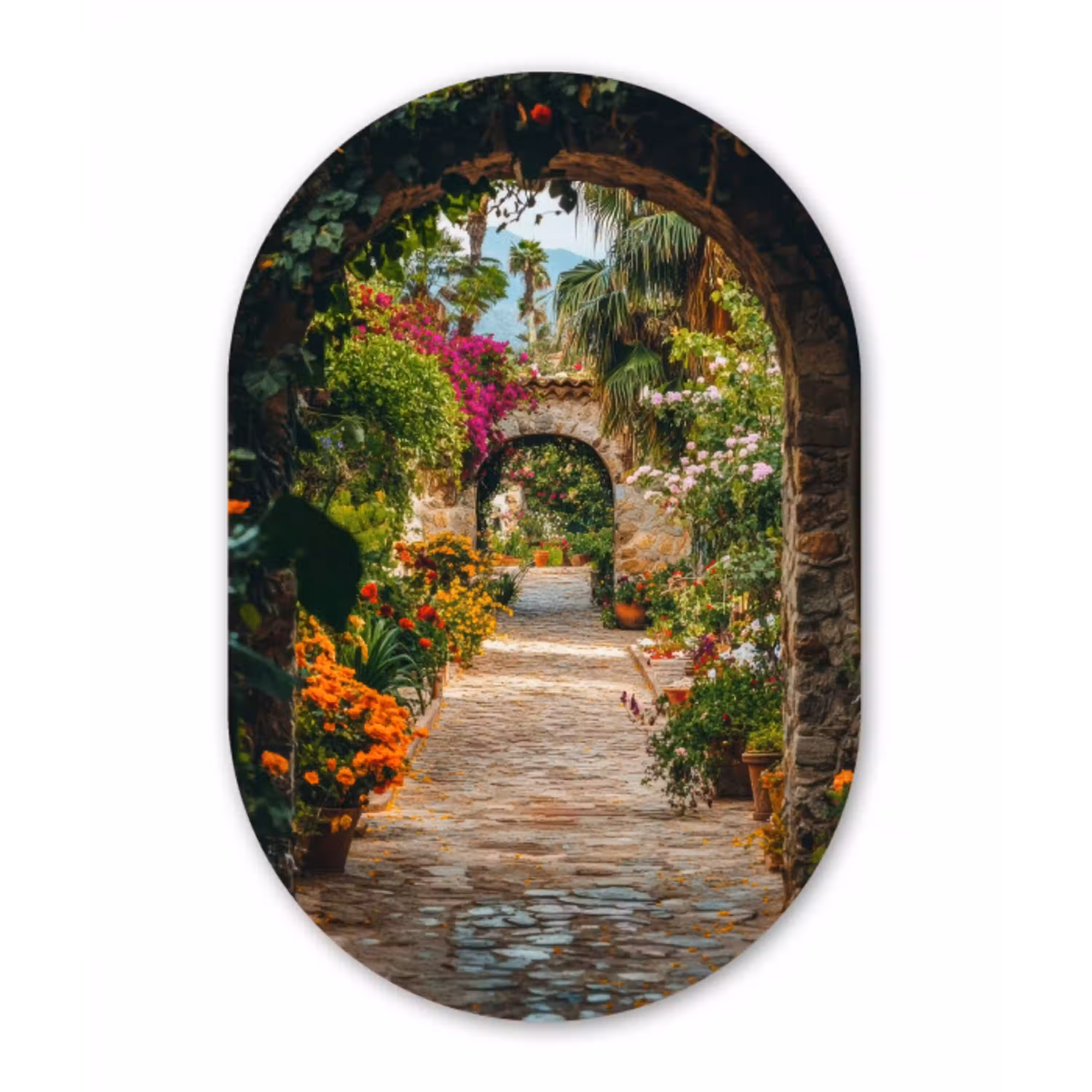 Doorkijk - Bloemen - Poort - Stenen Wandcirkel Ovaal Aluminium middel -3d