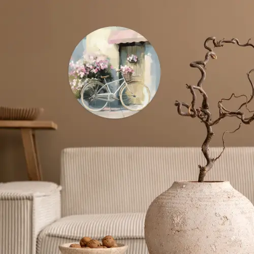 Fiets - Pastelkleuren - Bloemen Wandcirkel behangsticker klein -sfeer1