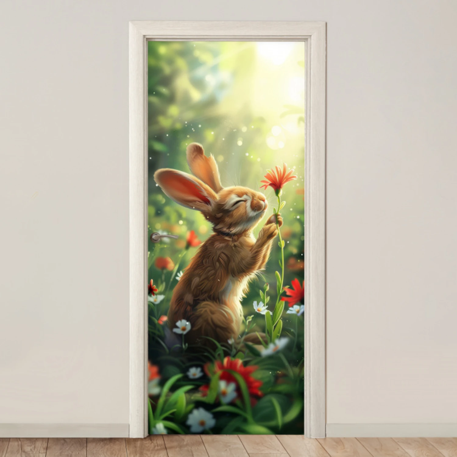 Konijn - Dieren - Bloemen - Natuur deurposter klein -3d_beige