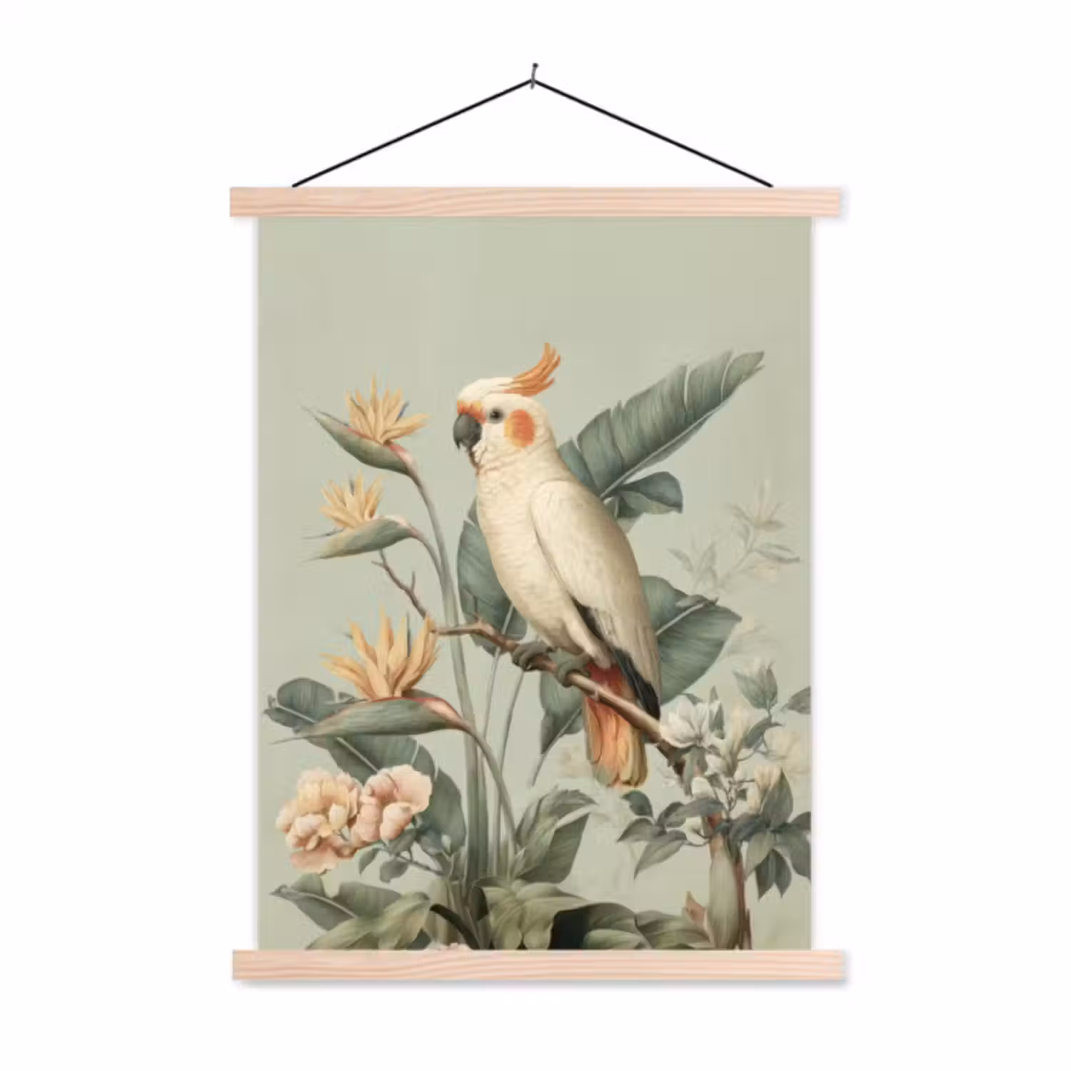 Schoolplaat - Gele kuifkaketoe - paradijsvogelbloemen - Groen