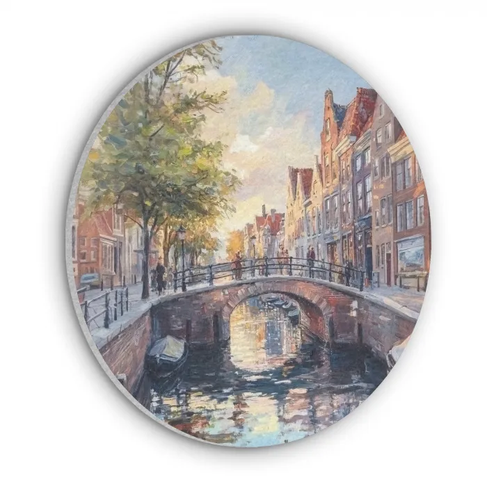 Brug - Stad - Huizen - Boot Akoestische PET Vilt - Rond klein -3d