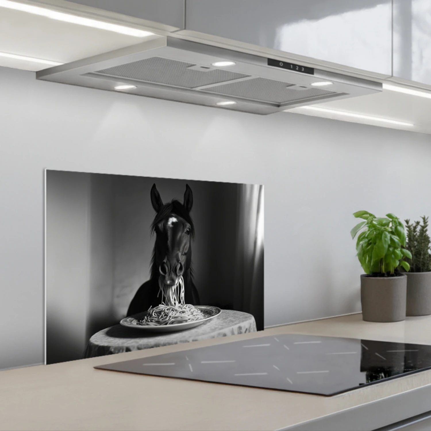 Paard - Bord - Pasta - Tafelkleed - Zwart Wit - Dieren keuken achterwand spatscherm klein -3d_schuin