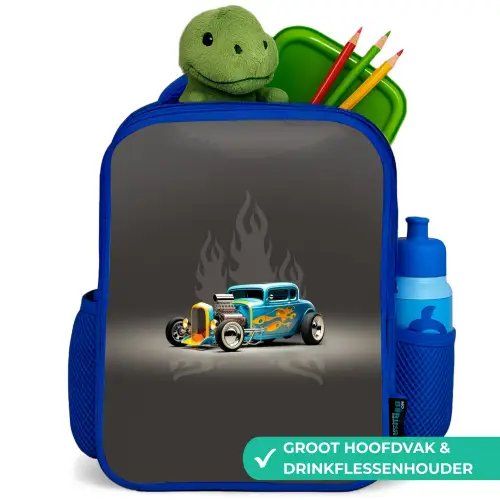 Blauwe auto met grijze vlammen Kinderrugzak - Blauw middel -inhoud_NL