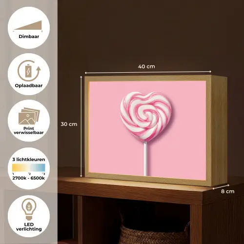 Snoep - Lolly - Hart- Roze Light Box met batterij (Wandlamp) middel -USP_websiteoverzichtNL