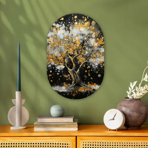 Boom - Zwart - Goud - Wit - Modern Wandcirkel Ovaal Forex klein -sfeer2