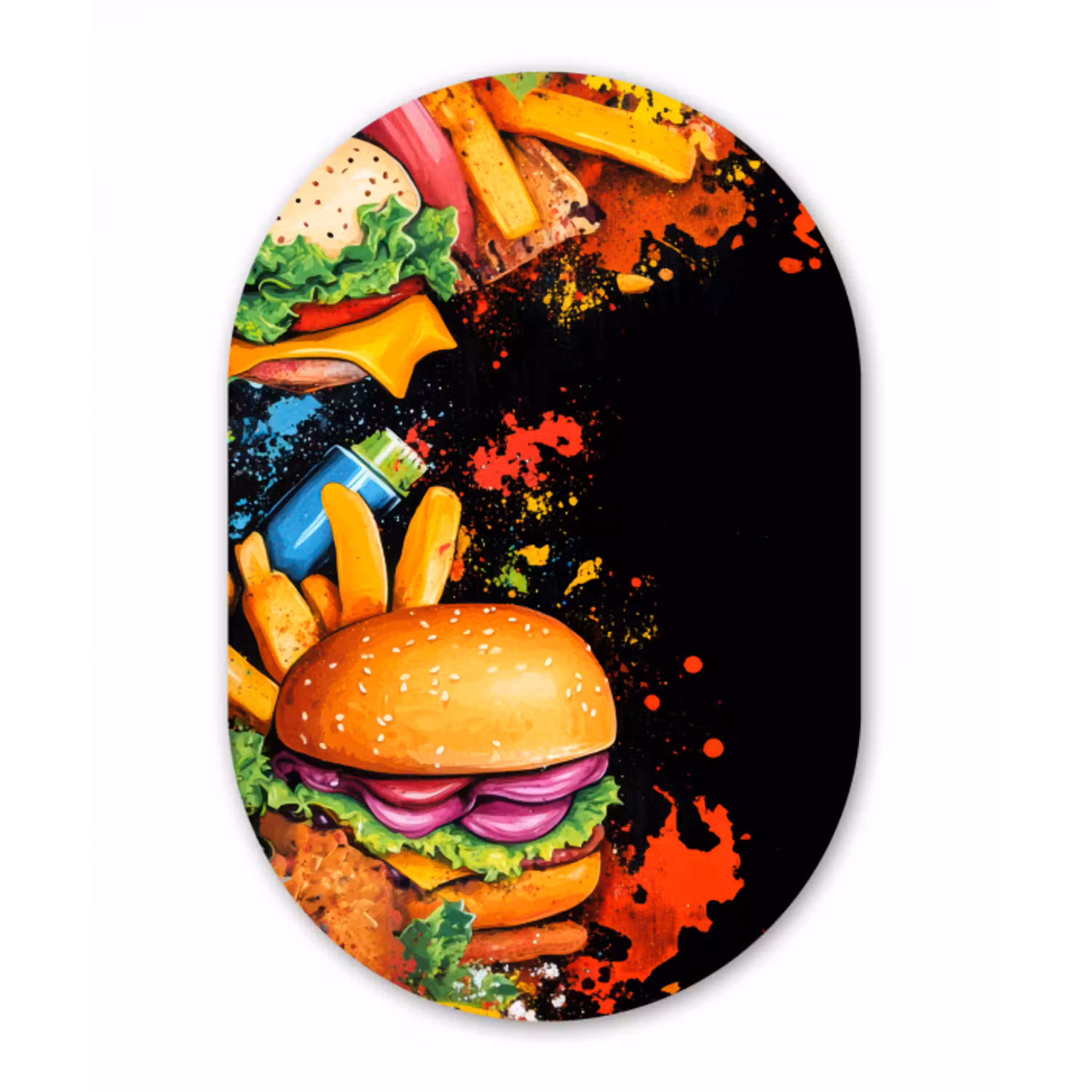 Fastfood - Graffiti - Hamburger - Eten - Modern Wandcirkel Ovaal Aluminium middel -3d