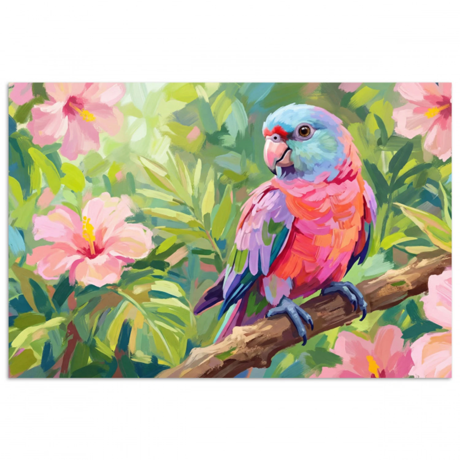 Papagaai - Hibiscusbloemen - Kleurrijk poster papier klein -3d